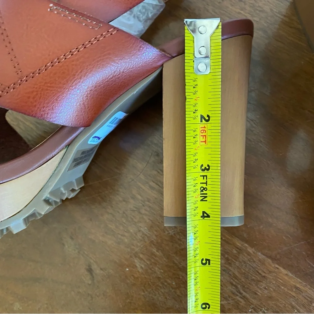 New Chunky Heel Sandel 9.5 Stacked Block Cognac Brown Strap Comfort Retro - Picture 10 of 11